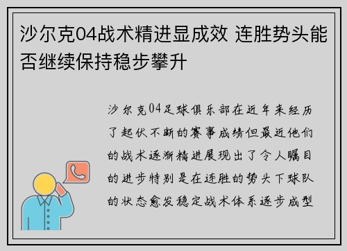 沙尔克04战术精进显成效 连胜势头能否继续保持稳步攀升