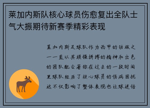 莱加内斯队核心球员伤愈复出全队士气大振期待新赛季精彩表现