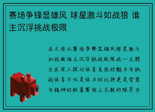 赛场争锋显雄风 球星激斗如战狼 谁主沉浮挑战极限