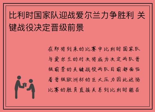 比利时国家队迎战爱尔兰力争胜利 关键战役决定晋级前景